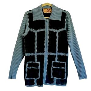 VTG. AMEREX PATCHED SUEDE KNIT ZIP UP CARDIGAN JACKET SIZE MEDIUM